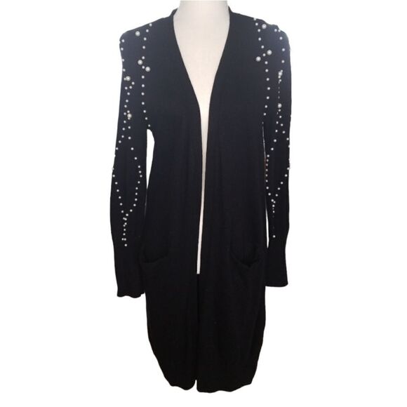 INC International Concepts Duster Cardigan Black Cashmere Blend Faux Pearls Med - Picture 13 of 13